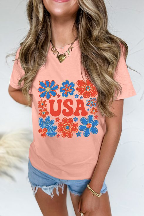 Shimmer Flower USA Graphic Print Short Sleeve Tee