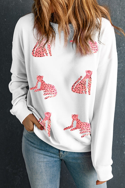 Shimmering Animal Graphic Crew Neck Pullover Sweatshirt