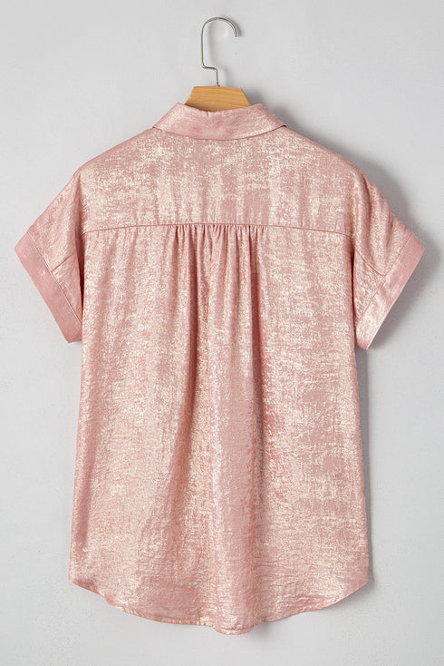Shimmering Crinkle Texture Short Sleeve Button Down Shirt
