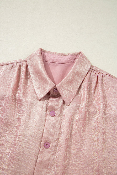 Shimmering Crinkle Texture Short Sleeve Button Down Shirt