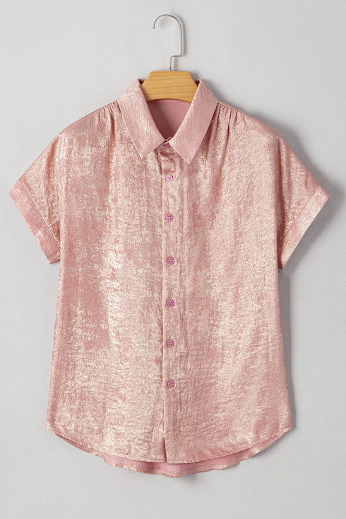 Shimmering Crinkle Texture Short Sleeve Button Down Shirt