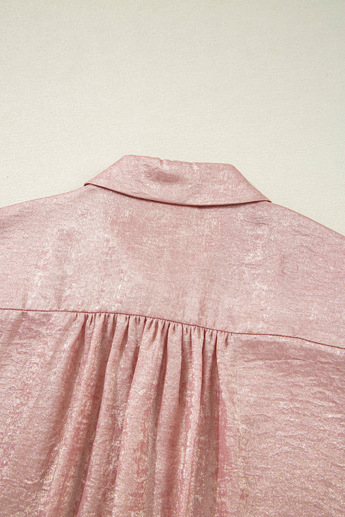 Shimmering Crinkle Texture Short Sleeve Button Down Shirt