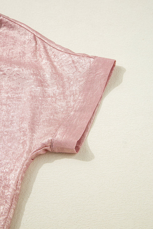 Shimmering Crinkle Texture Short Sleeve Button Down Shirt