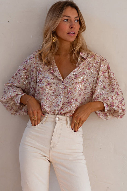Shimmering Floral Print Collared Button Down Blouse