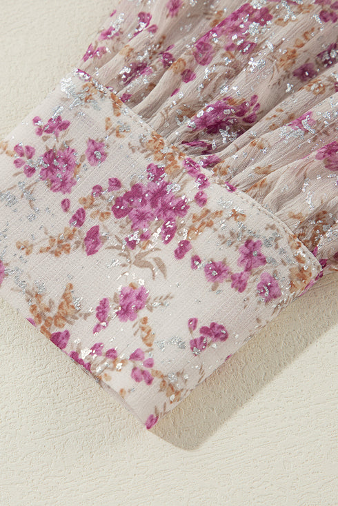Shimmering Floral Print Collared Button Down Blouse