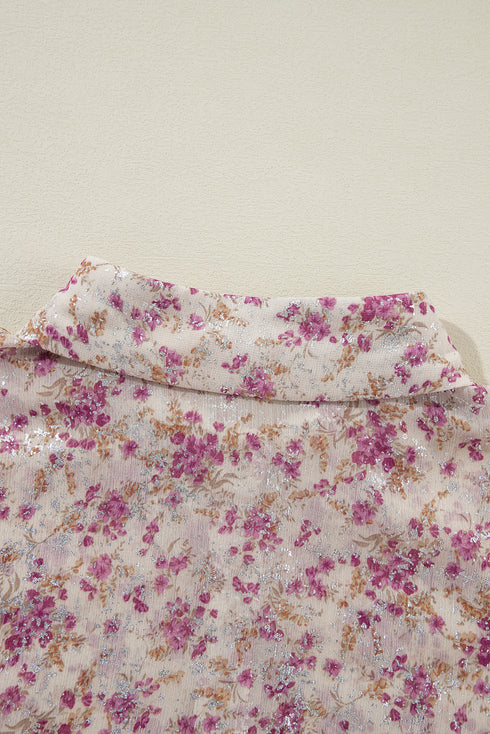 Shimmering Floral Print Collared Button Down Blouse
