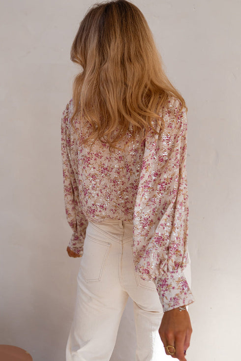 Shimmering Floral Print Collared Button Down Blouse