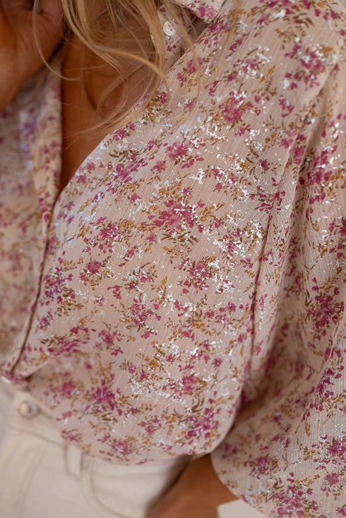 Shimmering Floral Print Collared Button Down Blouse