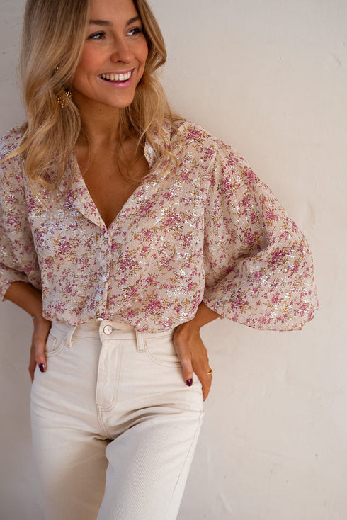 Shimmering Floral Print Collared Button Down Blouse