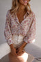 Shimmering Floral Print Collared Button Down Blouse