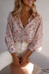 Shimmering Floral Print Collared Button Down Blouse
