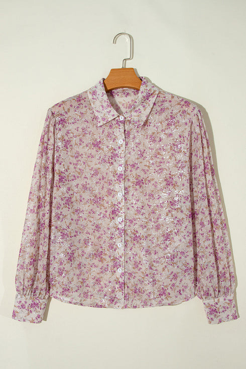 Shimmering Floral Print Collared Button Down Blouse