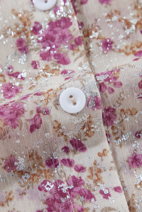 Shimmering Floral Print Collared Button Down Blouse