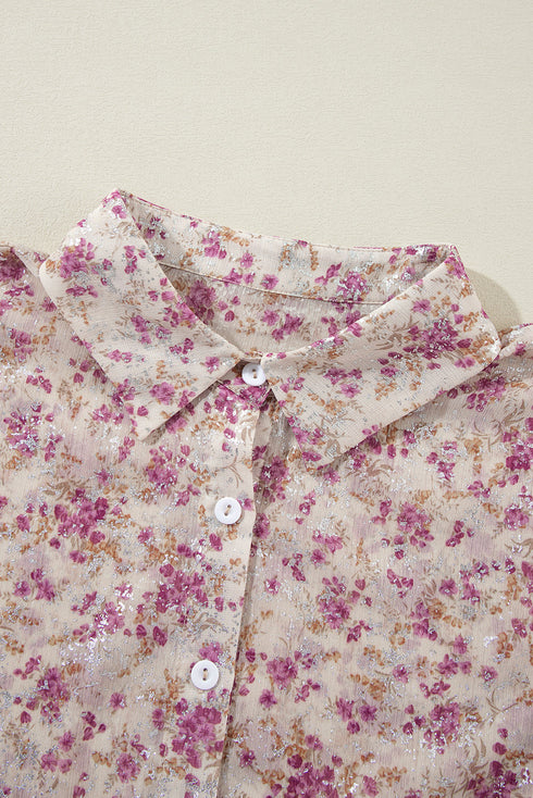 Shimmering Floral Print Collared Button Down Blouse