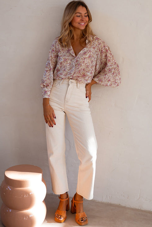 Shimmering Floral Print Collared Button Down Blouse