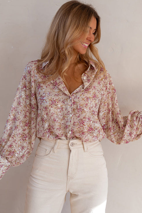 Shimmering Floral Print Collared Button Down Blouse