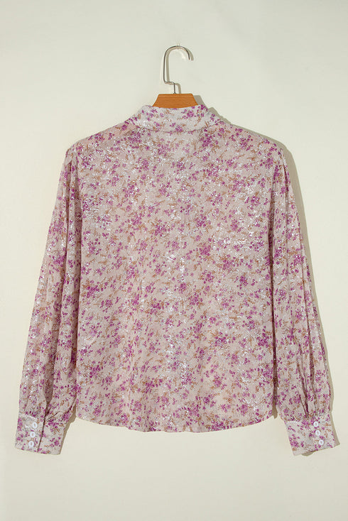 Shimmering Floral Print Collared Button Down Blouse