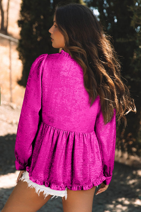 Shimmering Frilled V Neck Puff Sleeve Babydoll Blouse