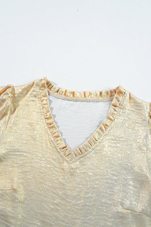 Shimmering Frilled V Neck Puff Sleeve Babydoll Blouse