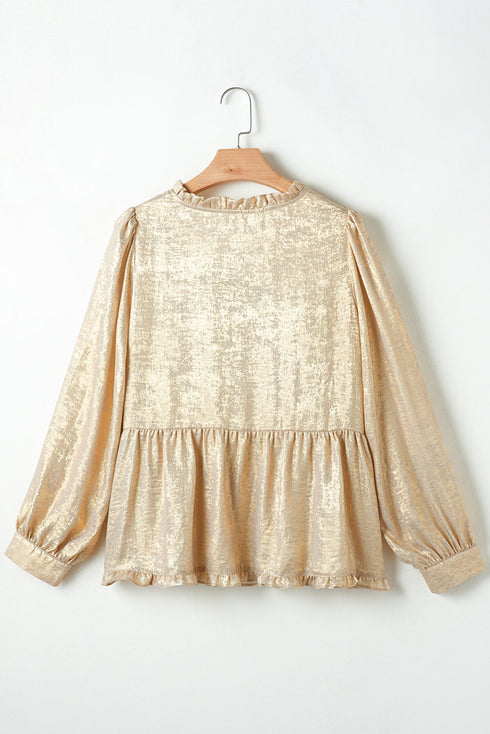 Shimmering Frilled V Neck Puff Sleeve Babydoll Blouse