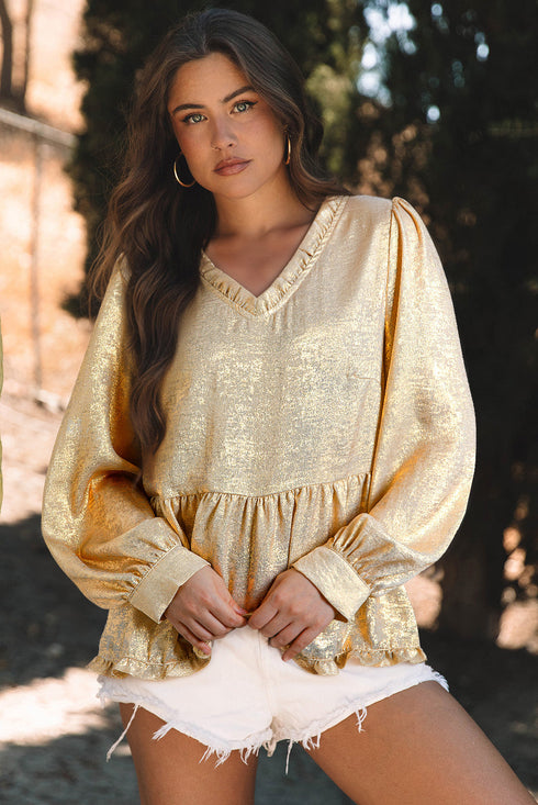 Shimmering Frilled V Neck Puff Sleeve Babydoll Blouse