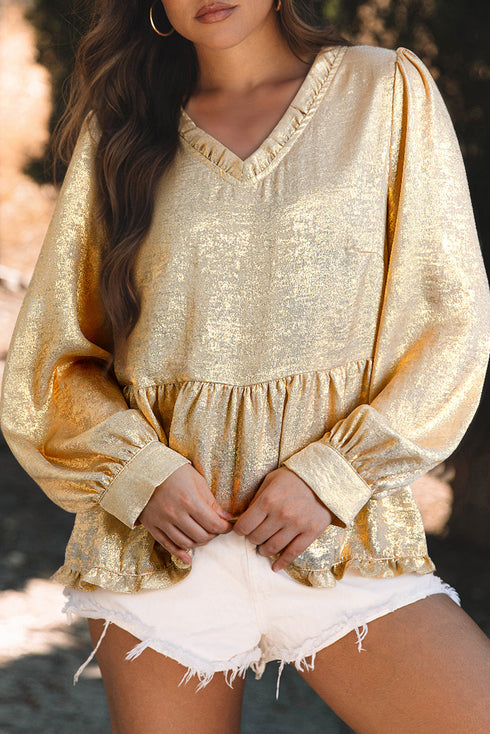 Shimmering Frilled V Neck Puff Sleeve Babydoll Blouse