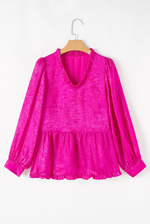 Shimmering Frilled V Neck Puff Sleeve Babydoll Blouse