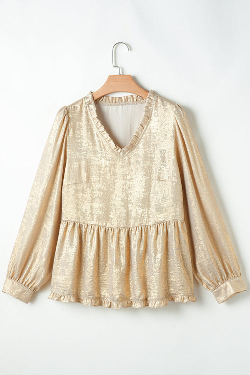 Shimmering Frilled V Neck Puff Sleeve Babydoll Blouse