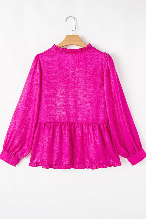 Shimmering Frilled V Neck Puff Sleeve Babydoll Blouse