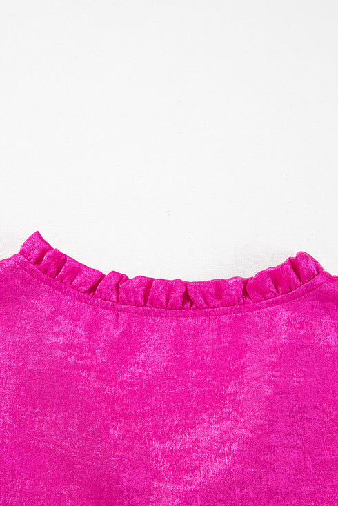 Shimmering Frilled V Neck Puff Sleeve Babydoll Blouse