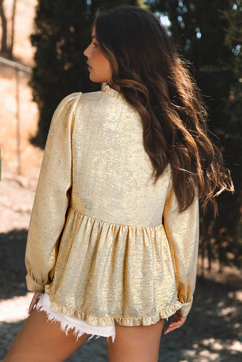 Shimmering Frilled V Neck Puff Sleeve Babydoll Blouse