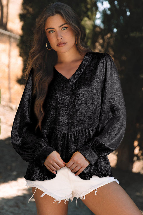 Shimmering Frilled V Neck Puff Sleeve Babydoll Blouse
