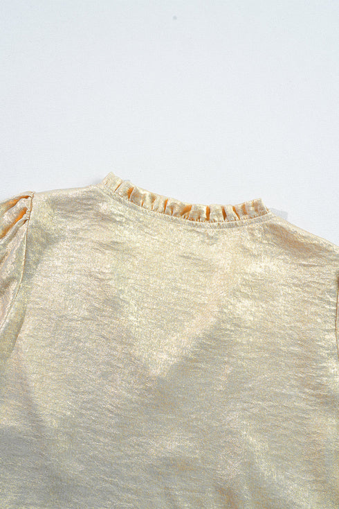 Shimmering Frilled V Neck Puff Sleeve Babydoll Blouse
