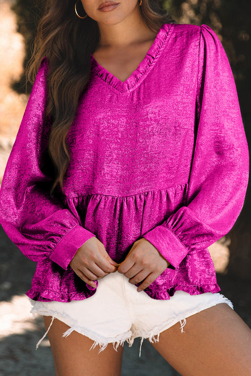 Shimmering Frilled V Neck Puff Sleeve Babydoll Blouse