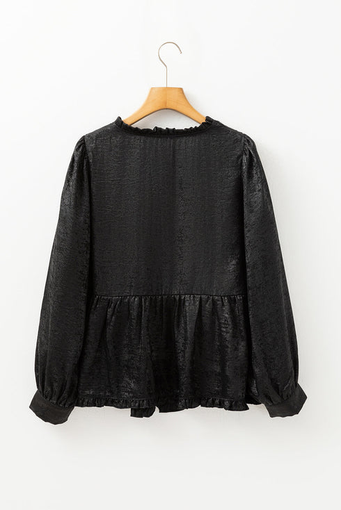 Shimmering Frilled V Neck Puff Sleeve Babydoll Blouse