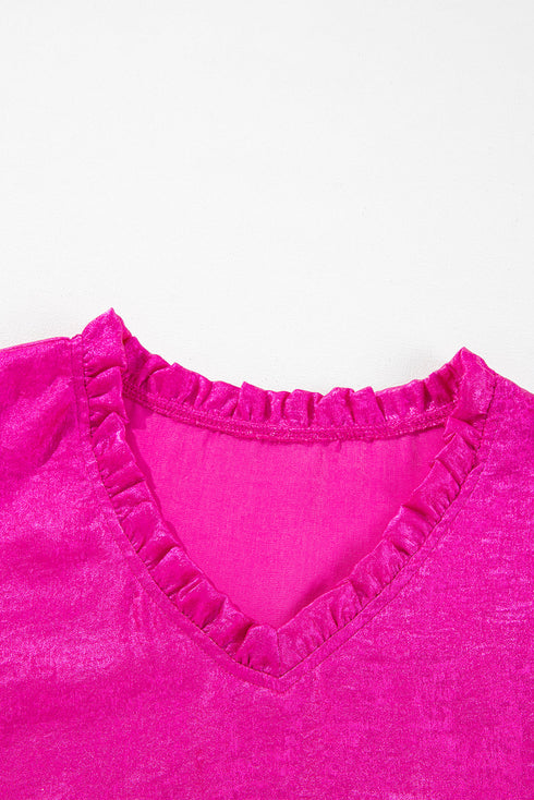 Shimmering Frilled V Neck Puff Sleeve Babydoll Blouse