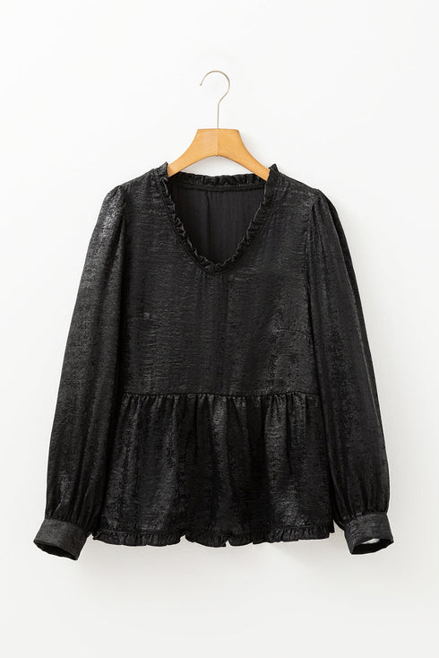 Shimmering Frilled V Neck Puff Sleeve Babydoll Blouse
