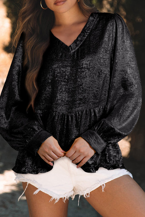 Shimmering Frilled V Neck Puff Sleeve Babydoll Blouse