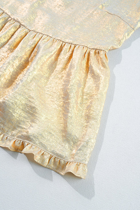Shimmering Frilled V Neck Puff Sleeve Babydoll Blouse