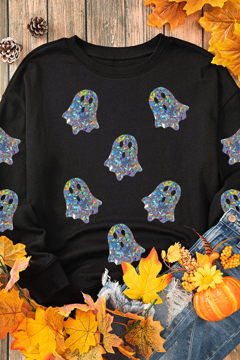 Shimmering Ghost Print Relaxed Fit Pullover Sweatshirt