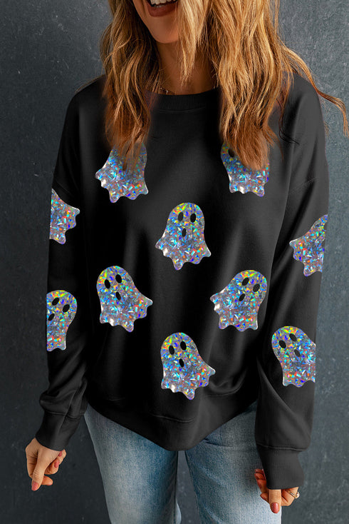 Shimmering Ghost Print Relaxed Fit Pullover Sweatshirt