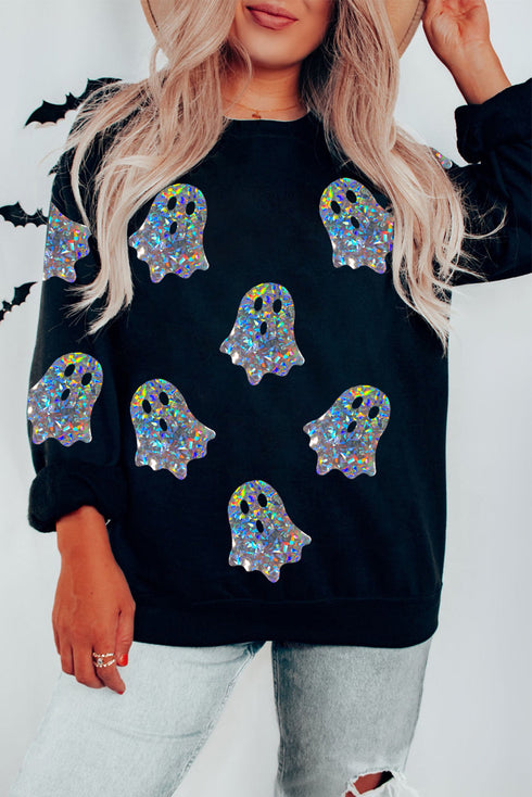 Shimmering Ghost Print Relaxed Fit Pullover Sweatshirt