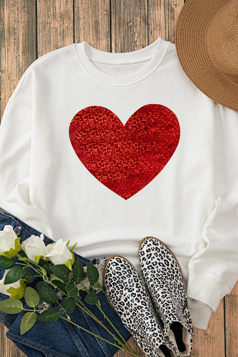 Shimmering Heart Graphic Long Sleeve Crewneck Pullover Sweatshirt