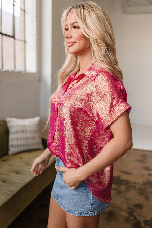 Shimmering Metallic Texture Short Sleeve Button Down Shirt