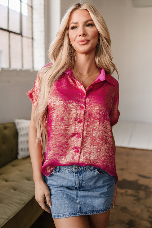 Shimmering Metallic Texture Short Sleeve Button Down Shirt
