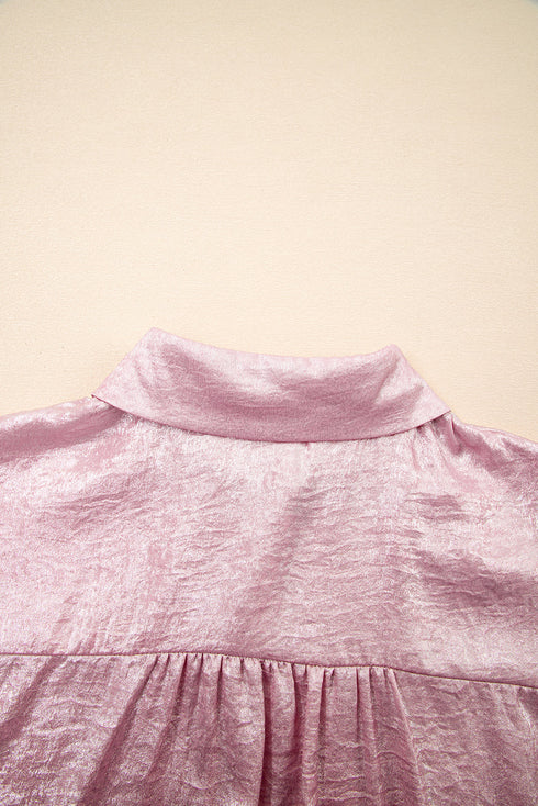 Shimmering Metallic Texture Short Sleeve Button Down Shirt