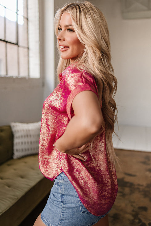 Shimmering Metallic Texture Short Sleeve Button Down Shirt
