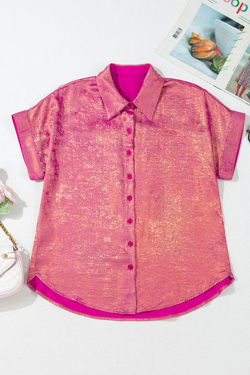 Shimmering Metallic Texture Short Sleeve Button Down Shirt