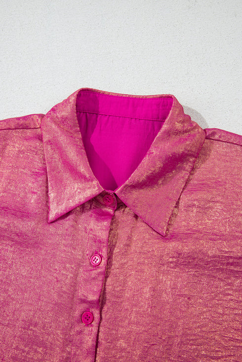 Shimmering Metallic Texture Short Sleeve Button Down Shirt