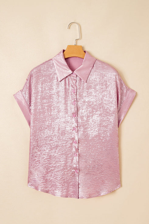 Shimmering Metallic Texture Short Sleeve Button Down Shirt